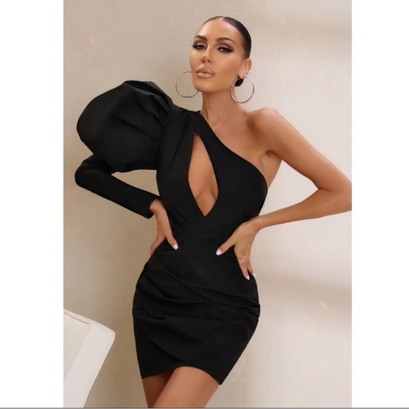 NWT Club L London Black Manhattan One Shoulder Puff Sleeve Cocktail Dress - Picture 1 of 7